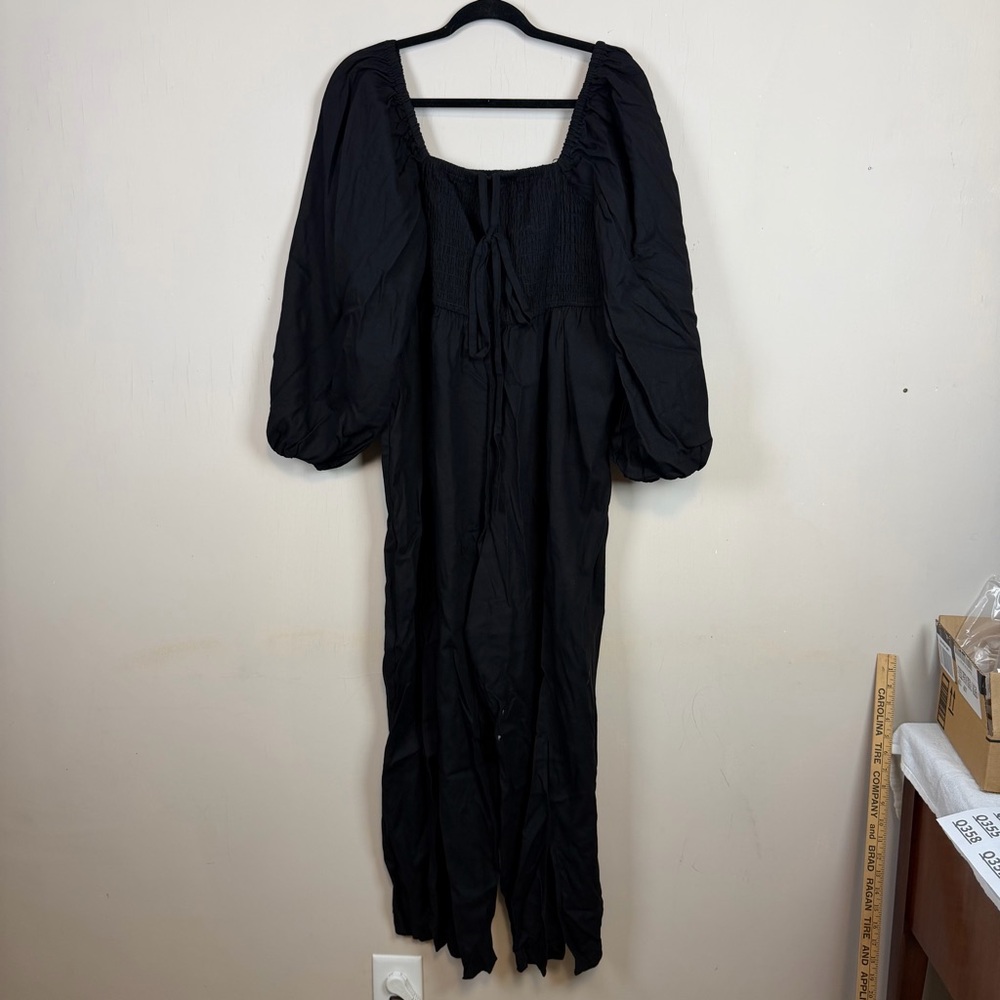 ELOQUII Black Smocked Wide-Leg Jumpsuit Slits Size 1X Long Sleeve Pockets Party